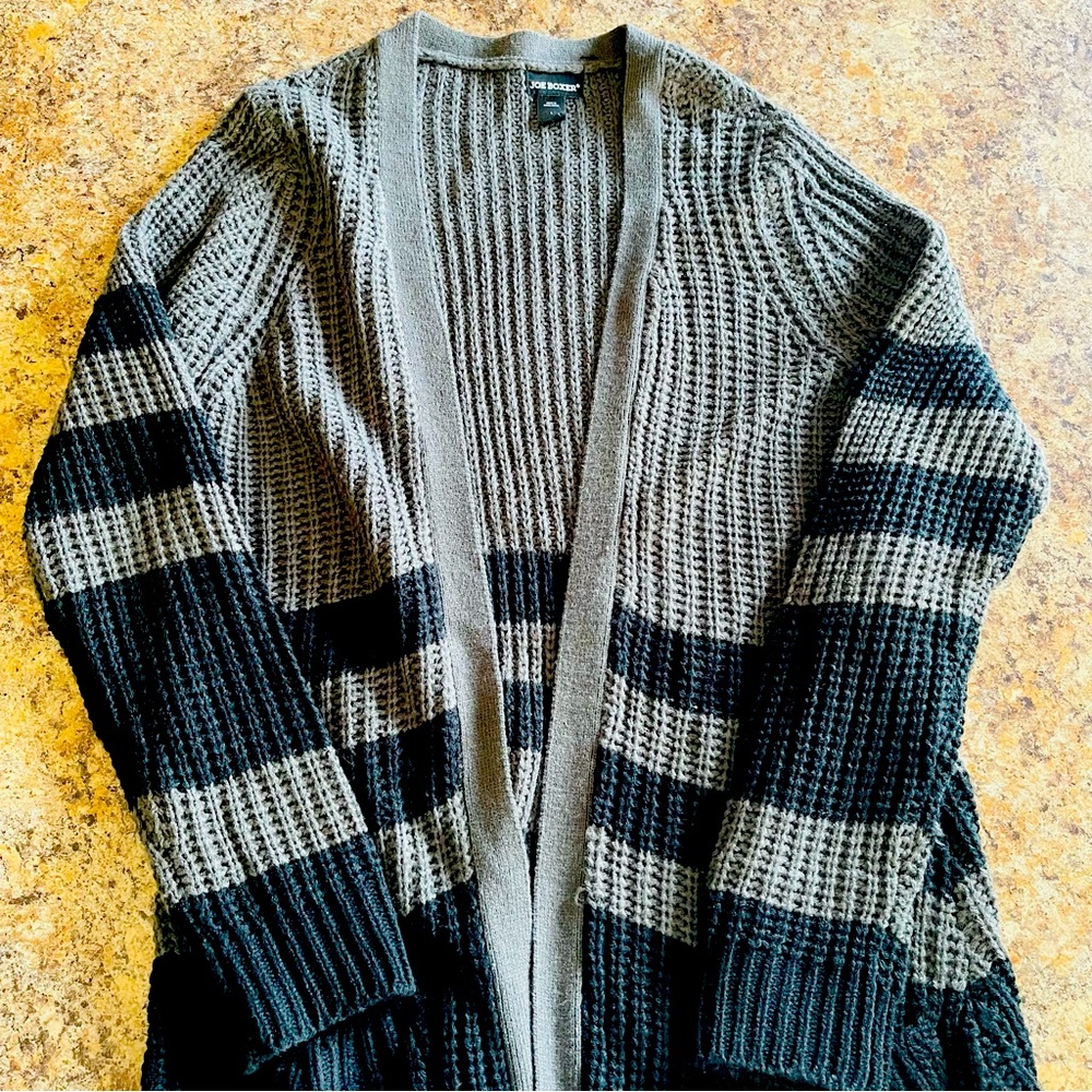 Joe Boxer Striped Knit Open Cardigan with Pockets, Size L
